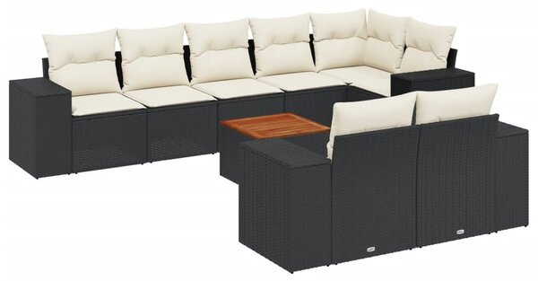 9 részes fekete polyrattan kerti ülőgarnitúra párnákkal