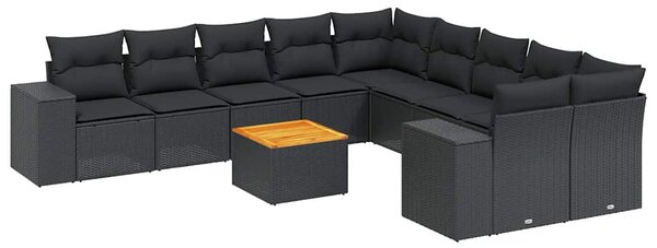 11 részes fekete polyrattan kerti ülőgarnitúra párnákkal