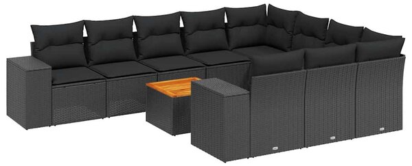 11 részes fekete polyrattan kerti ülőgarnitúra párnákkal