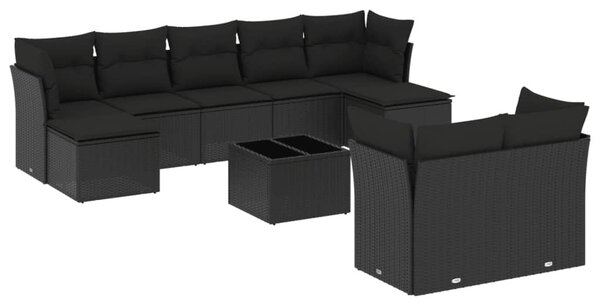 10 részes fekete polyrattan kerti ülőgarnitúra párnákkal