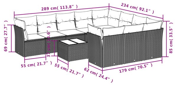 11 részes fekete polyrattan kerti ülőgarnitúra párnákkal