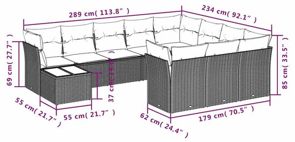 11 részes fekete polyrattan kerti ülőgarnitúra párnákkal