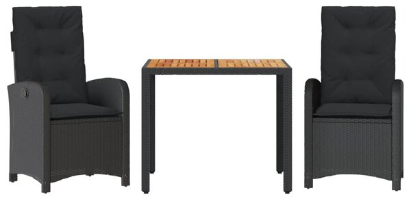 3 részes fekete polyrattan kerti étkezőgarnitúra párnákkal