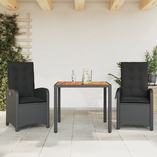 3 részes fekete polyrattan kerti étkezőgarnitúra párnákkal