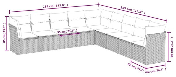 9 részes fekete polyrattan kerti ülőgarnitúra párnákkal