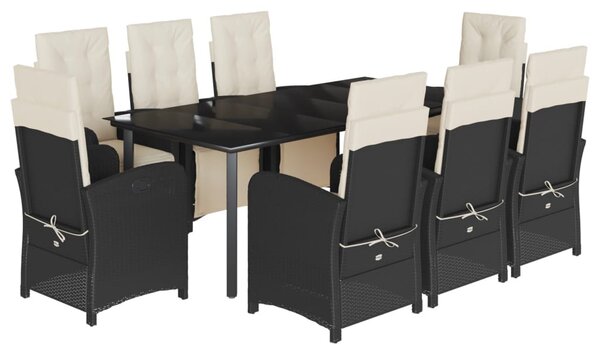 9 részes fekete polyrattan kerti étkezőgarnitúra párnákkal
