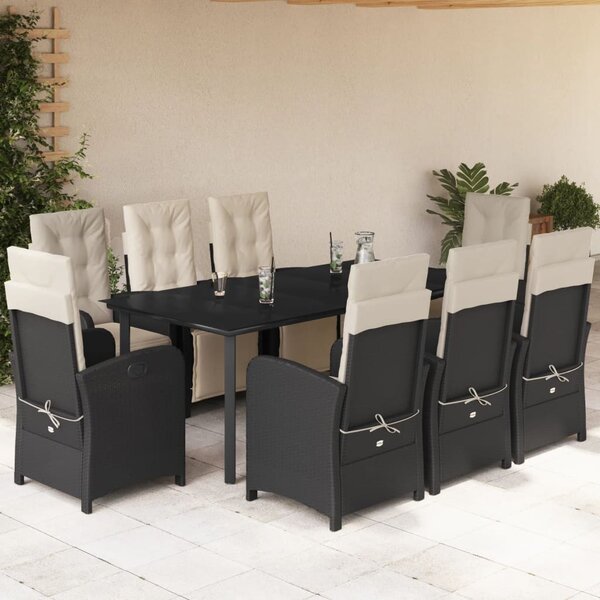 9 részes fekete polyrattan kerti étkezőgarnitúra párnákkal