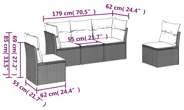 5 részes fekete polyrattan kerti kanapészett párnákkal
