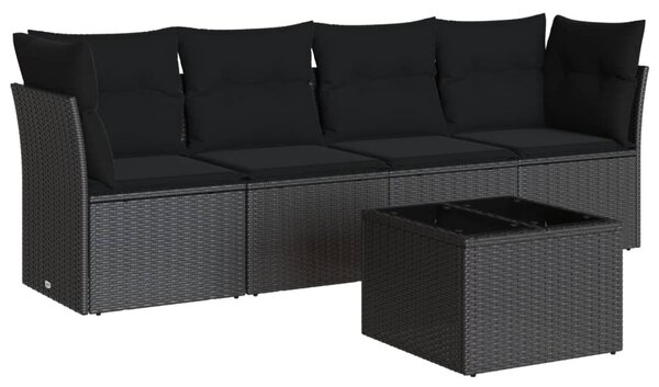 5 részes fekete polyrattan kerti kanapészett párnákkal