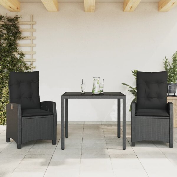 3 részes fekete polyrattan kerti étkezőgarnitúra párnákkal