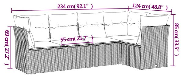 5 részes fekete polyrattan kerti kanapészett párnákkal