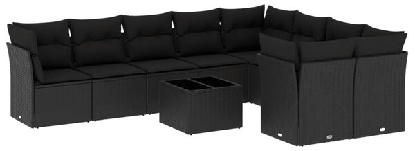 10 részes fekete polyrattan kerti ülőgarnitúra párnákkal