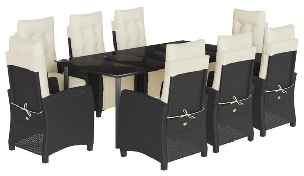 9 részes fekete polyrattan kerti étkezőgarnitúra párnákkal