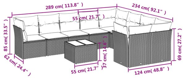 10 részes fekete polyrattan kerti ülőgarnitúra párnákkal