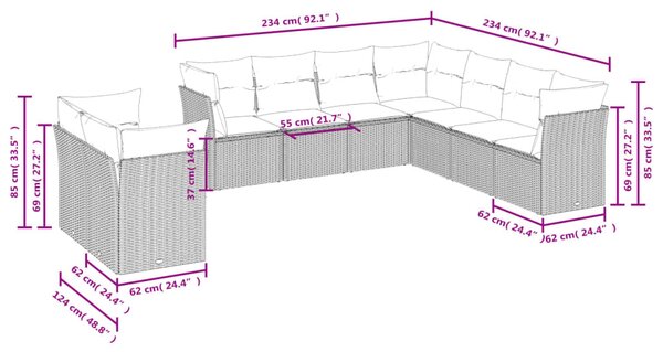9 részes bézs polyrattan kerti ülőgarnitúra párnákkal