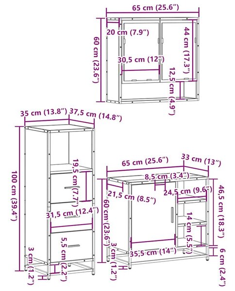 VidaXL 3 részes szürke sonoma színű szerelt fa fürdőszobai bútorszett