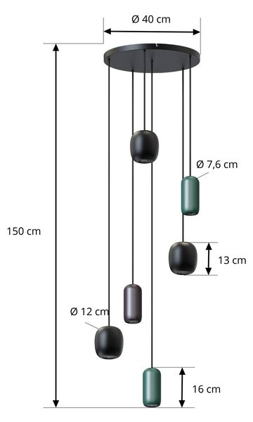 Lucande Narion lógó világítás, fekete/színes, 6 izzós, dimmelhető, Többszínű, Nappali / Étkező, fém, Modern