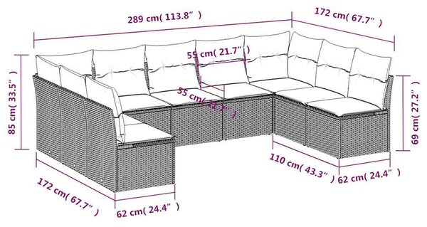9 részes fekete polyrattan kerti ülőgarnitúra párnákkal