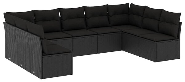 9 részes fekete polyrattan kerti ülőgarnitúra párnákkal