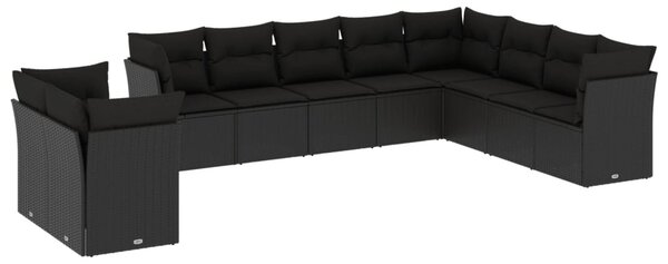 10 részes fekete polyrattan kerti ülőgarnitúra párnákkal
