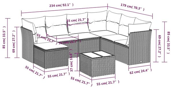 8 részes fekete polyrattan kerti ülőgarnitúra párnákkal