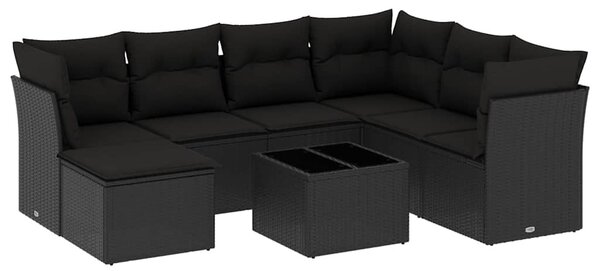 8 részes fekete polyrattan kerti ülőgarnitúra párnákkal