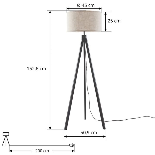 Lindby állólámpa Herry, fekete, fa, állvány, 153 cm, Fekete, Nappali / Étkező, Textil / szövet / selyem, Skandináv