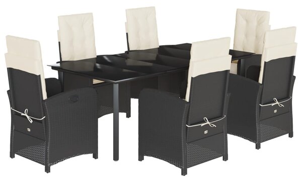 7 részes fekete polyrattan kerti étkezőgarnitúra párnával