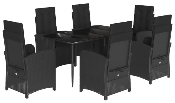 7 részes fekete polyrattan kerti étkezőgarnitúra párnával