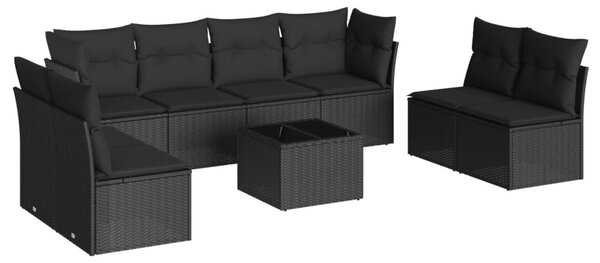 9 részes fekete polyrattan kerti ülőgarnitúra párnákkal