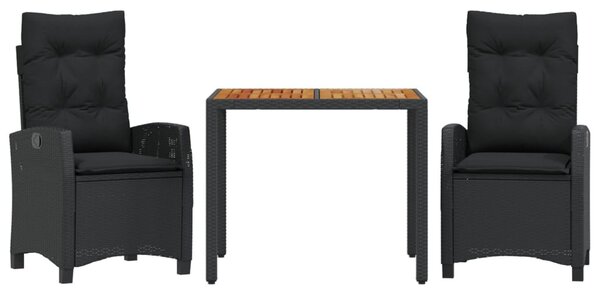 3 részes fekete polyrattan kerti étkezőgarnitúra párnákkal
