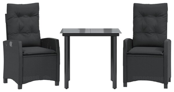 3 részes fekete polyrattan kerti étkezőgarnitúra párnákkal