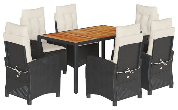 7 részes fekete polyrattan kerti étkezőgarnitúra párnával
