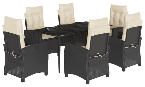 7 részes fekete polyrattan kerti étkezőgarnitúra párnával