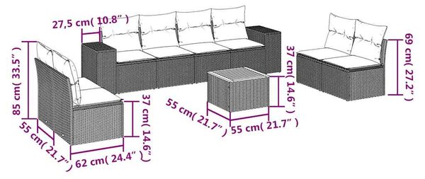 9 részes fekete polyrattan kerti ülőgarnitúra párnákkal