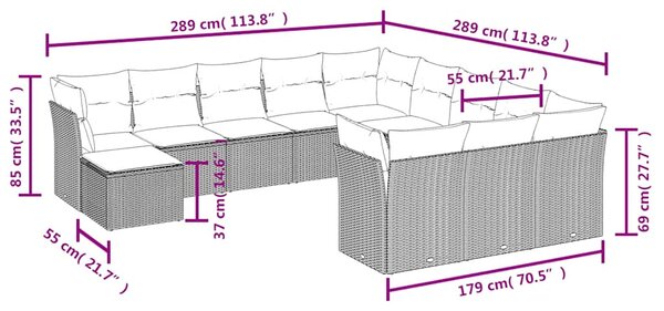 12 részes fekete polyrattan kerti ülőgarnitúra párnákkal
