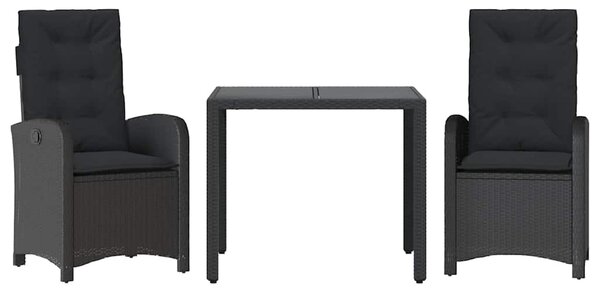 3 részes fekete polyrattan kerti étkezőgarnitúra párnákkal