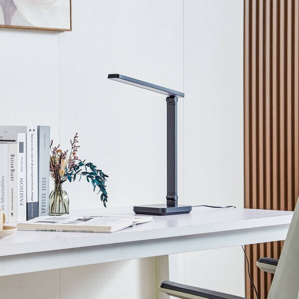 Lindby LED asztali lámpa Rylas, fekete, USB, CCT, dimmelhető, Fekete, Dolgozószoba / Iroda, Műanyag, Modern