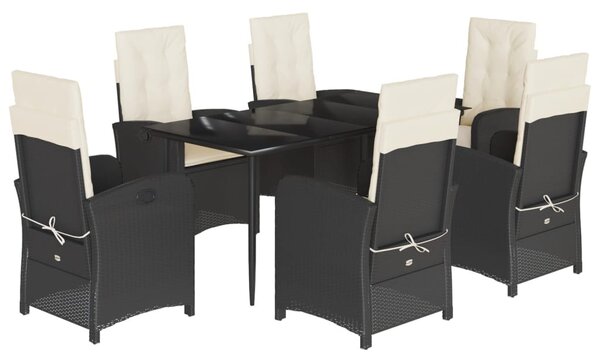 7 részes fekete polyrattan kerti étkezőgarnitúra párnával