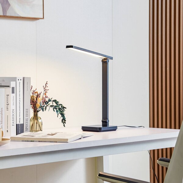 Lindby LED asztali lámpa Rylas, fekete, USB, CCT, dimmelhető, Fekete, Dolgozószoba / Iroda, Műanyag, Modern