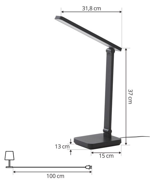 Lindby LED asztali lámpa Rylas, fekete, USB, CCT, dimmelhető, Fekete, Dolgozószoba / Iroda, Műanyag, Modern