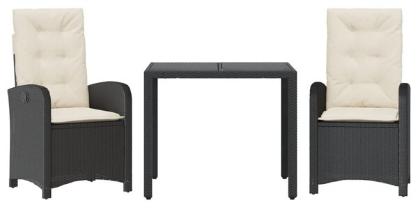 3 részes fekete polyrattan kerti étkezőgarnitúra párnákkal