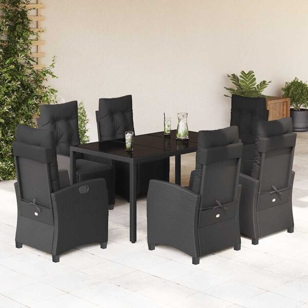 7 részes fekete polyrattan kerti étkezőgarnitúra párnával