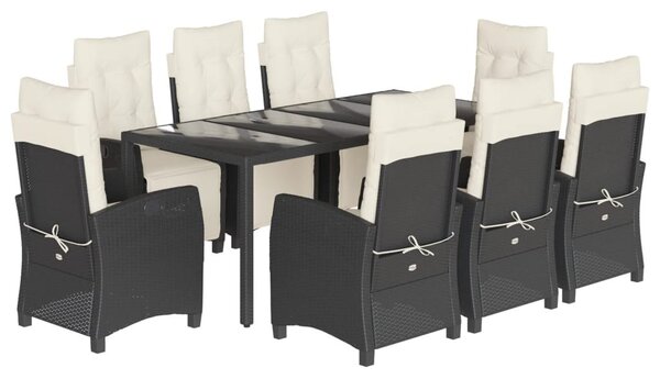 9 részes fekete polyrattan kerti étkezőgarnitúra párnákkal