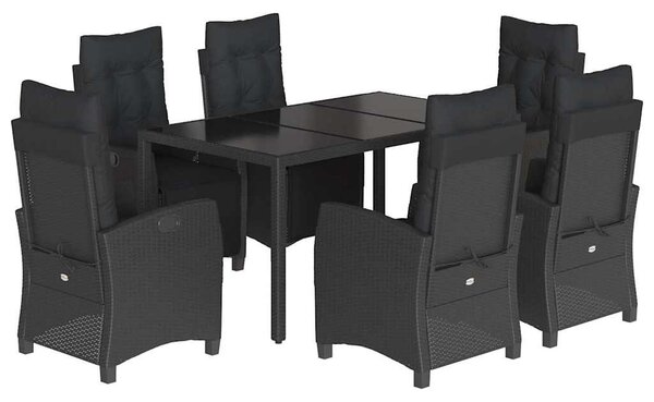 7 részes fekete polyrattan kerti étkezőgarnitúra párnával