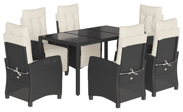 7 részes fekete polyrattan kerti étkezőgarnitúra párnával