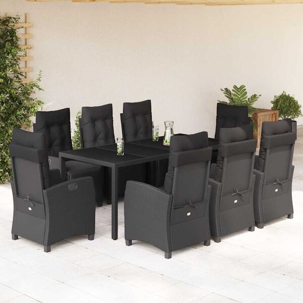 9 részes fekete polyrattan kerti étkezőgarnitúra párnákkal