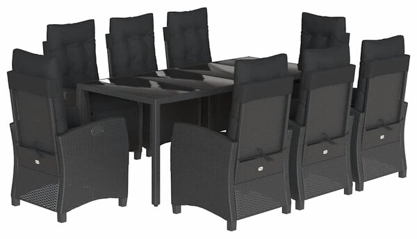 9 részes fekete polyrattan kerti étkezőgarnitúra párnákkal