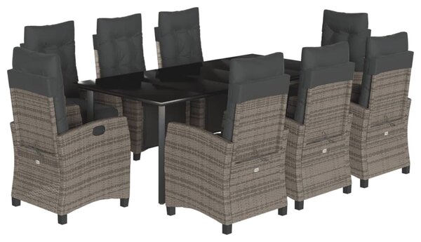 9 részes szürke polyrattan kerti étkezőgarnitúra párnával