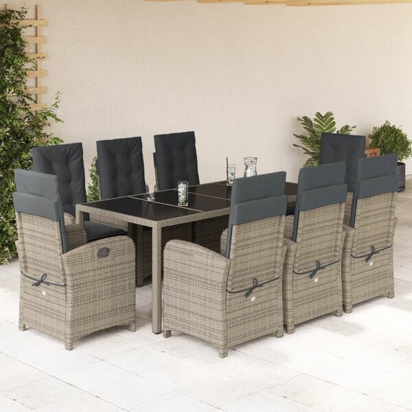 9 részes szürke polyrattan kerti étkezőgarnitúra párnával